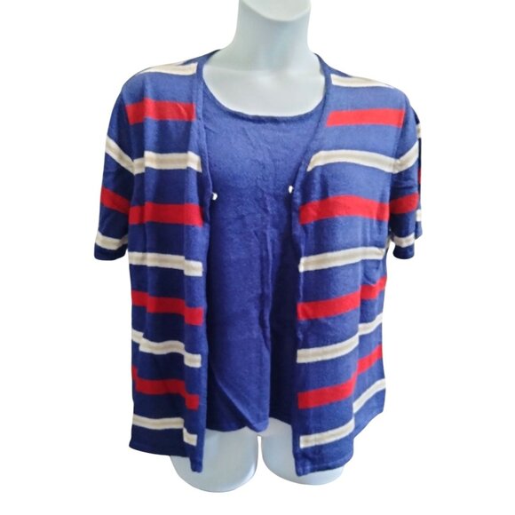 Sag Harbor Woman Blue Red White Striped Cardigan With Attached Tank Plus Size 1X - Picture 3 of 7